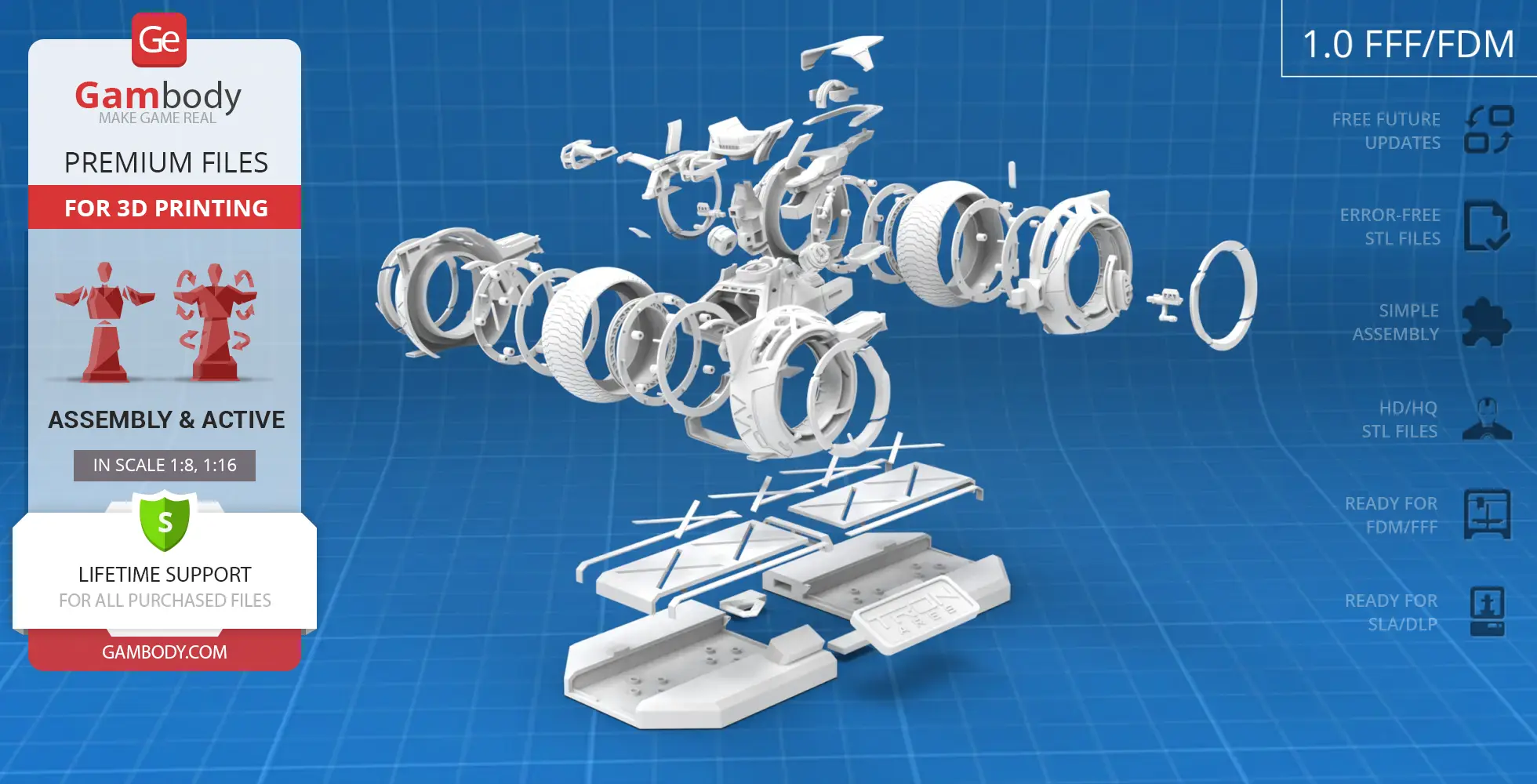 Exploded view of TRON Ares Light Cycle 3D model parts on blue grid background.