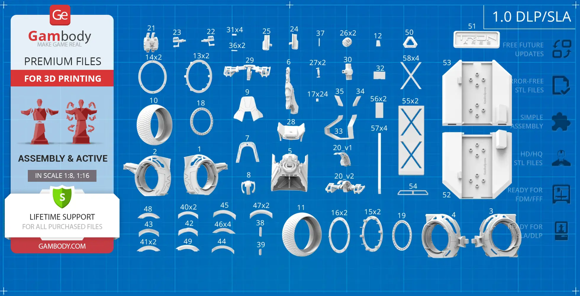 Blueprint layout of TRON Ares Light Cycle 3D model parts for printing and assembly.