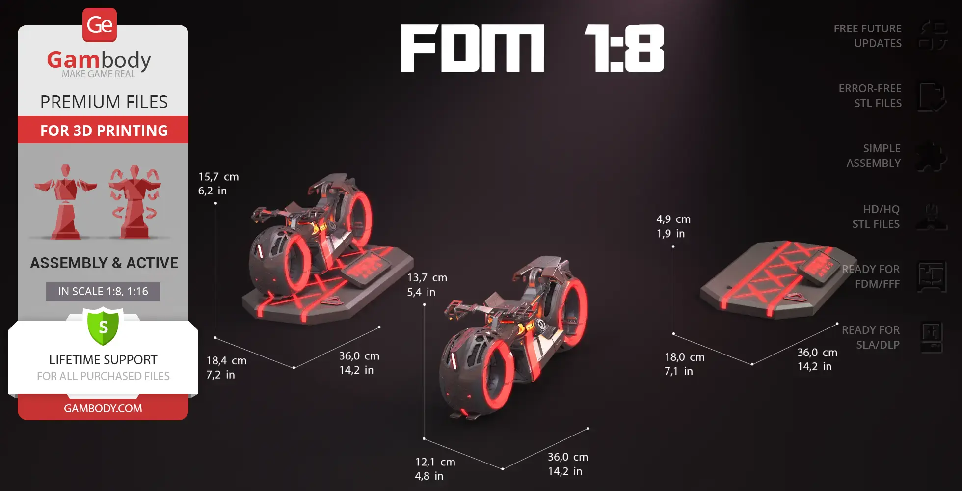 Futuristic TRON Ares Light Cycle model with glowing red rims, displayed in assembly stages with dimensions.