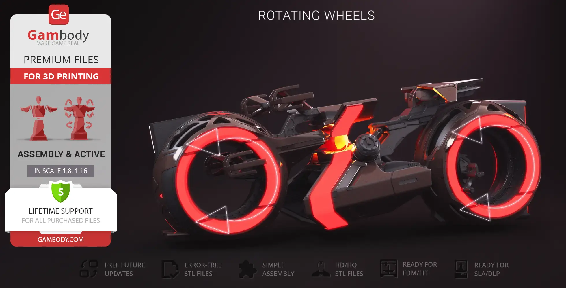 Futuristic bike model from Tron with glowing red wheels, designed for 3D printing.