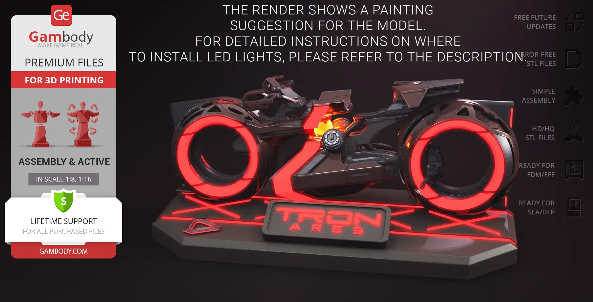 Futuristic TRON Ares Light Cycle model with glowing red wheels on a display stand.