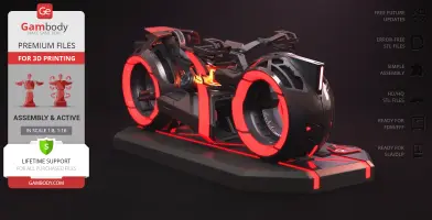 Futuristic Tron Light Cycle model with glowing red accents on a display base, ready for 3D printing.