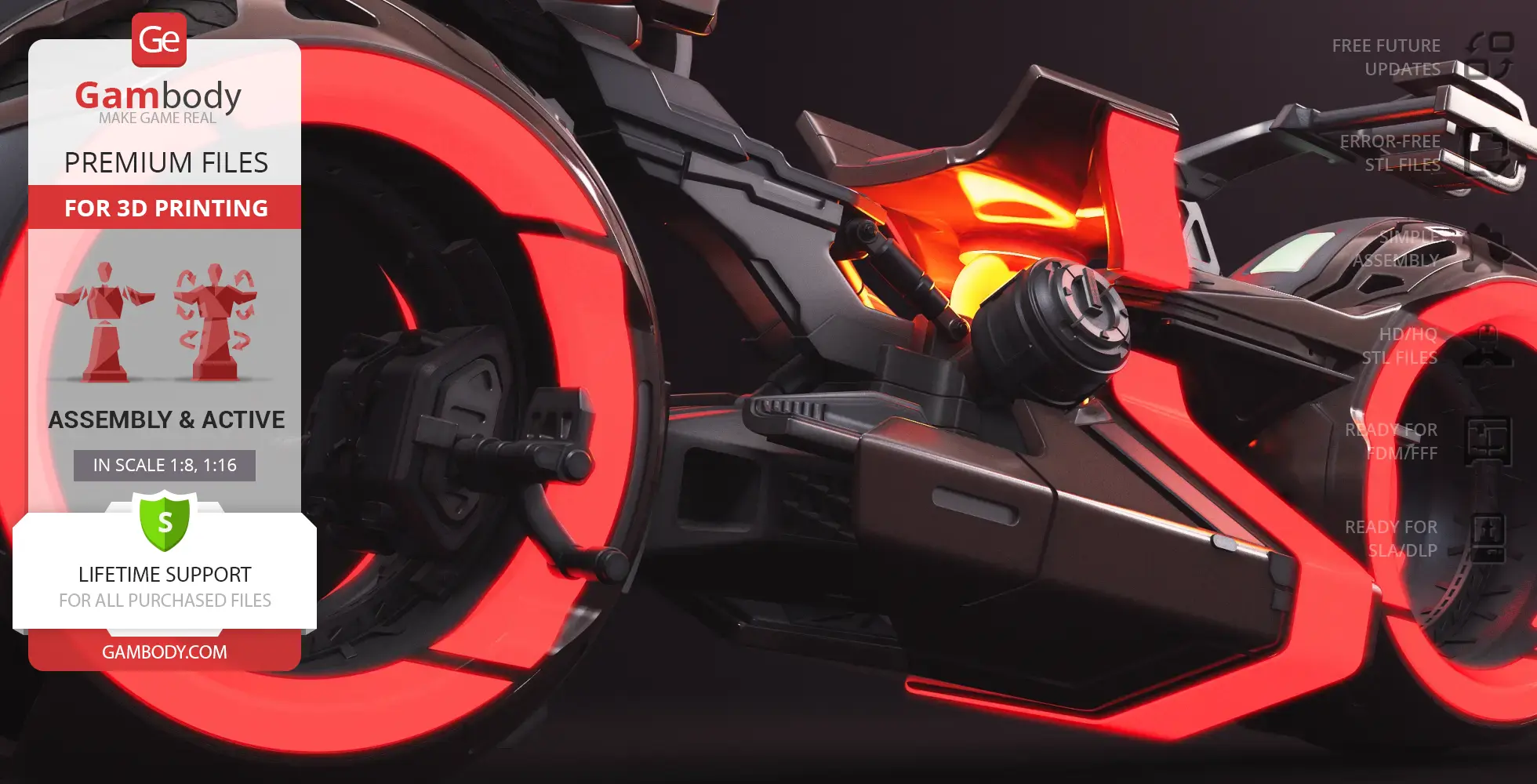Futuristic TRON-themed light cycle with glowing red accents, designed for 3D printing by Gambody.
