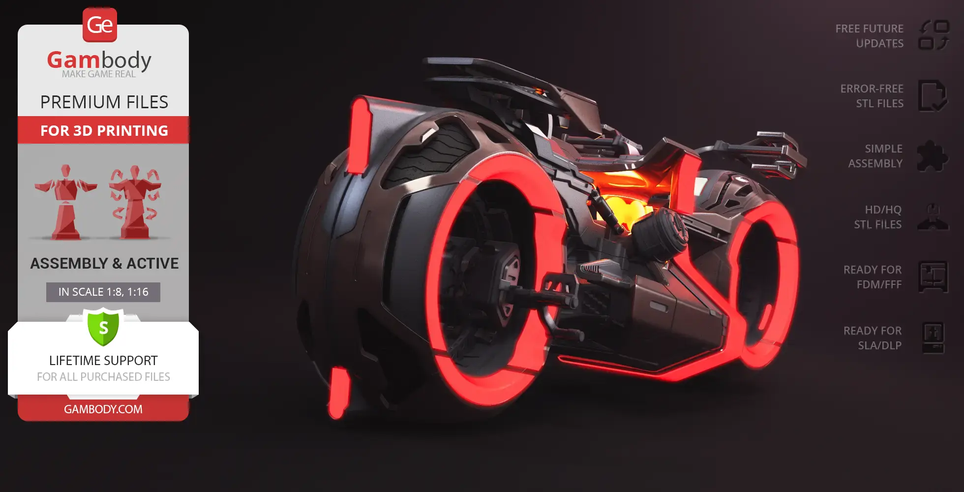 Futuristic TRON-inspired light cycle with glowing red rims and sleek design for 3D printing.