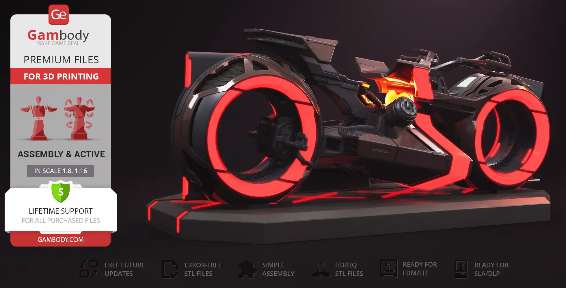 Futuristic light cycle model with glowing red accents on the wheels and body, showcased for 3D printing.