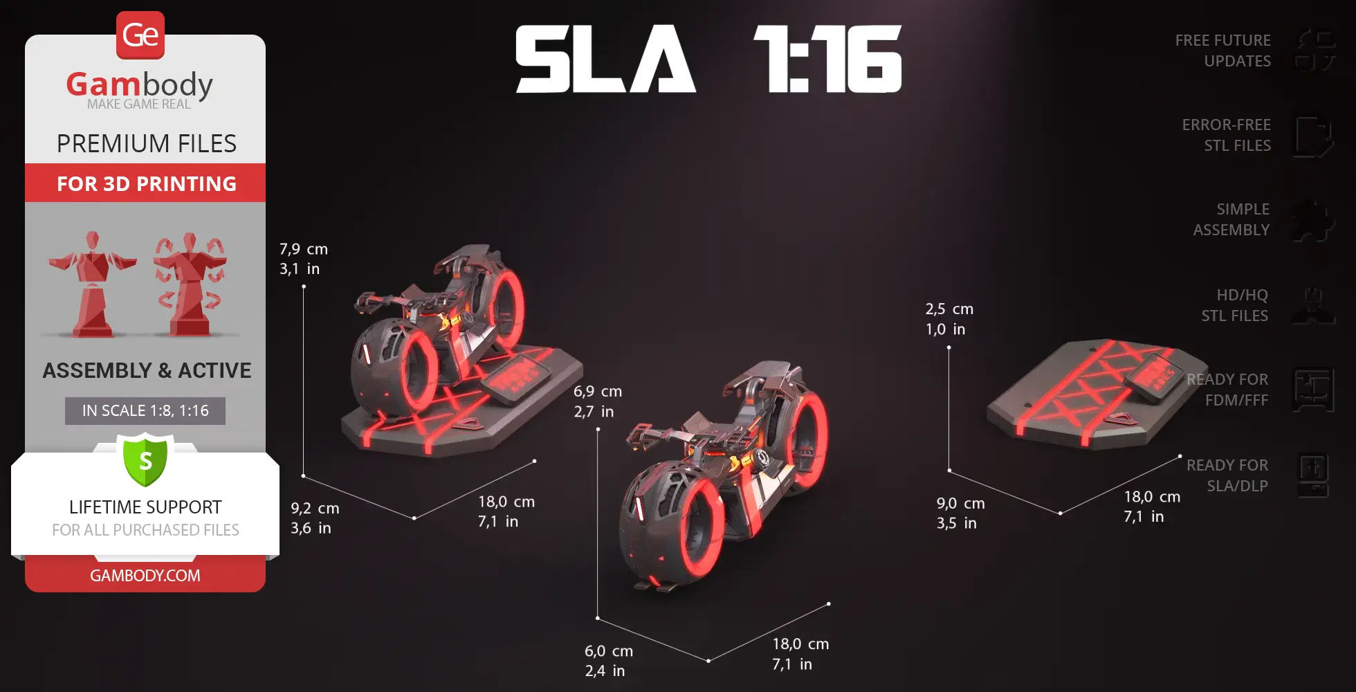 3D model of a TRON Light Cycle for printing, featuring neon highlights and detailed measurements.