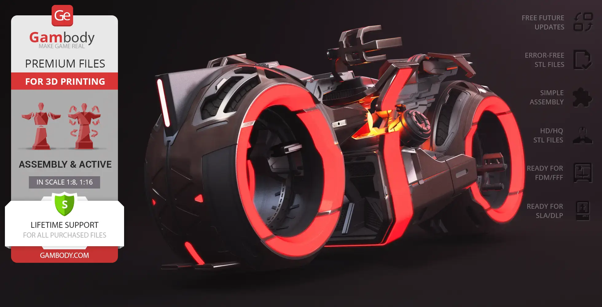 Futuristic TRON Ares light cycle with glowing red wheels and sleek design for 3D printing.