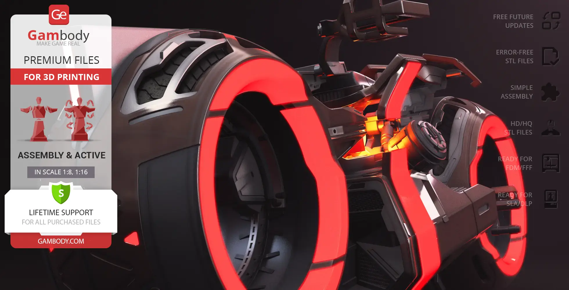 Futuristic TRON Ares Light Cycle with glowing red accents, shown as a 3D model for printing.