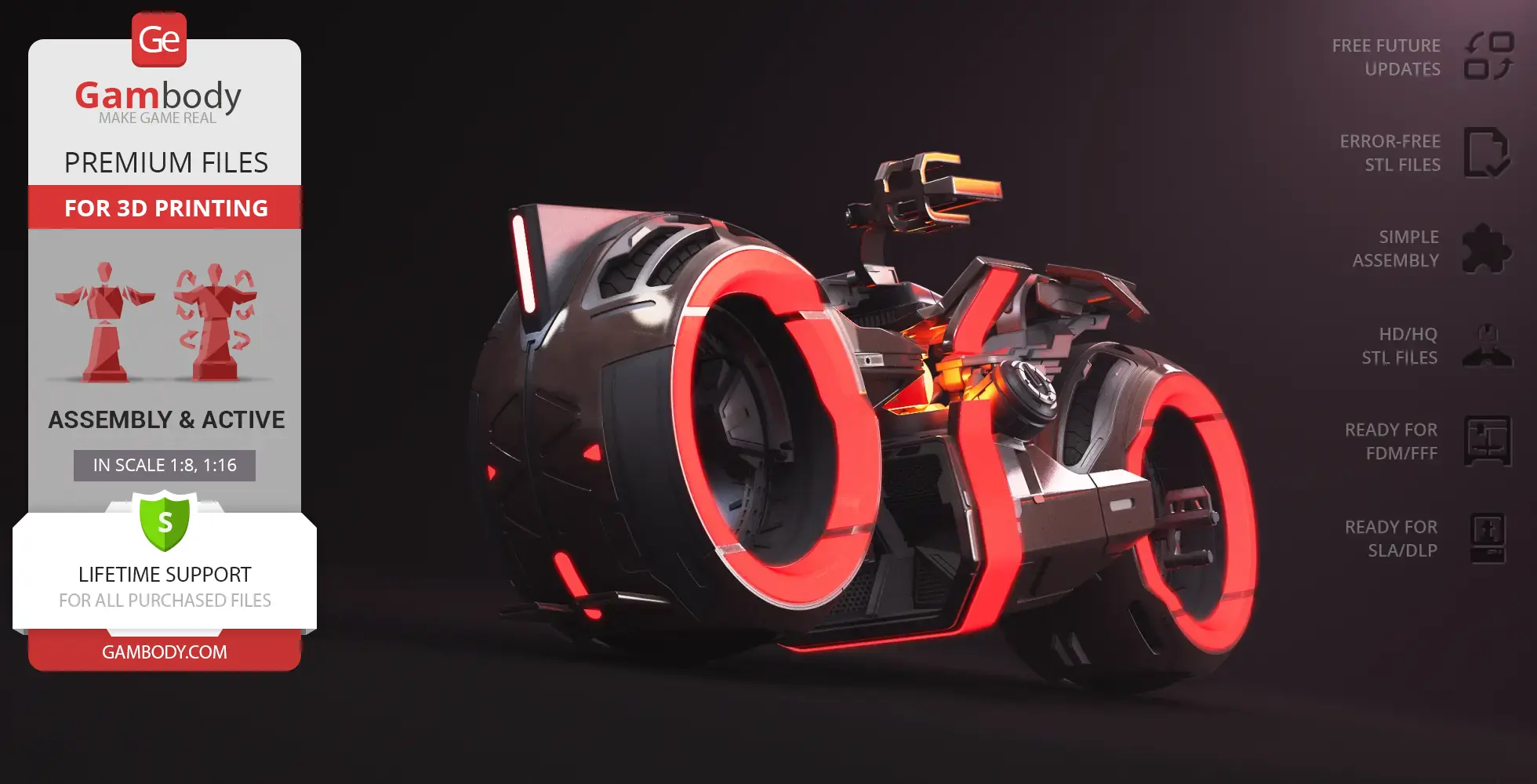 Futuristic Tron Ares Light Cycle with glowing red wheels, designed for 3D printing.