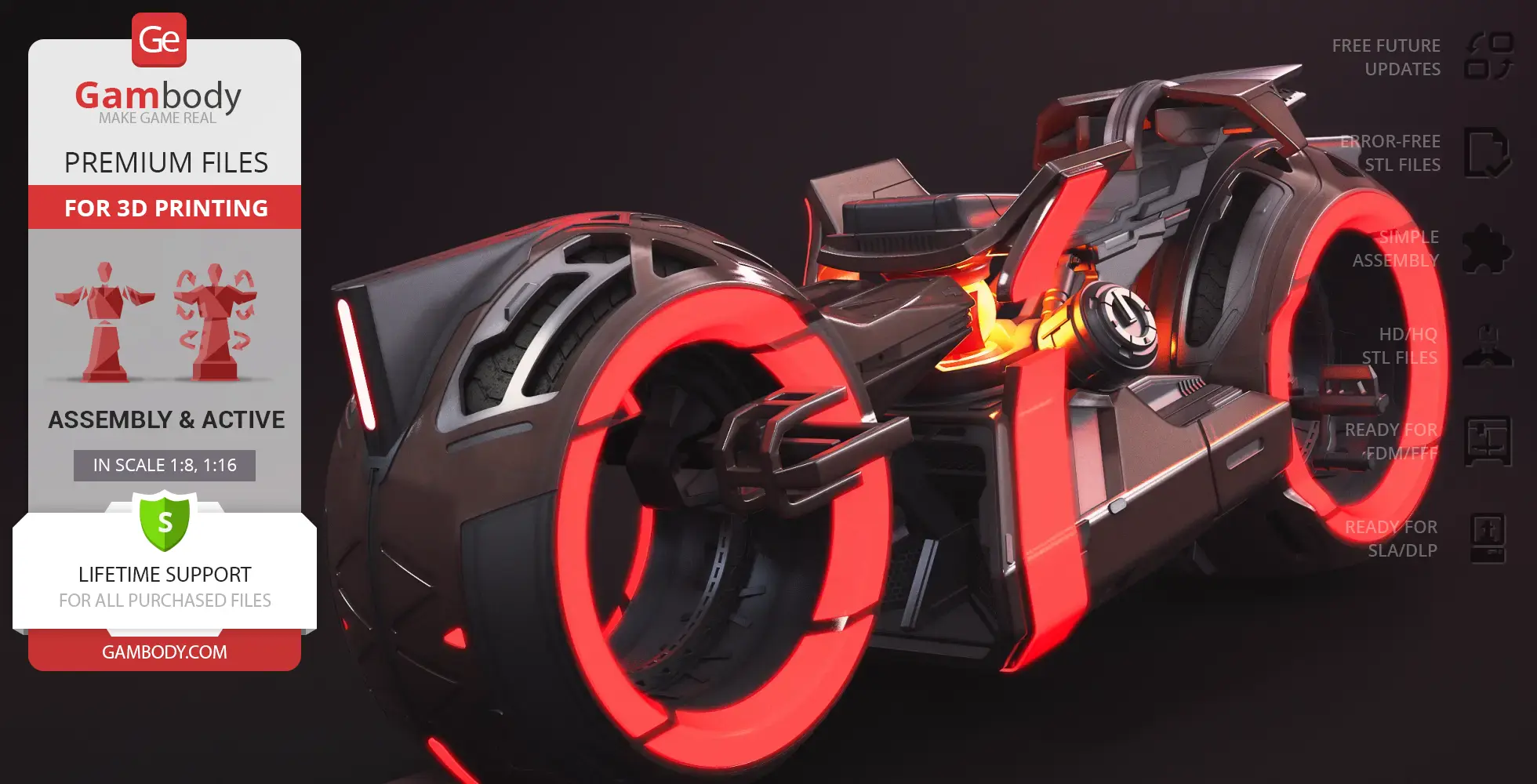 Futuristic TRON Ares Light Cycle model with glowing red wheels for 3D printing by Gambody.