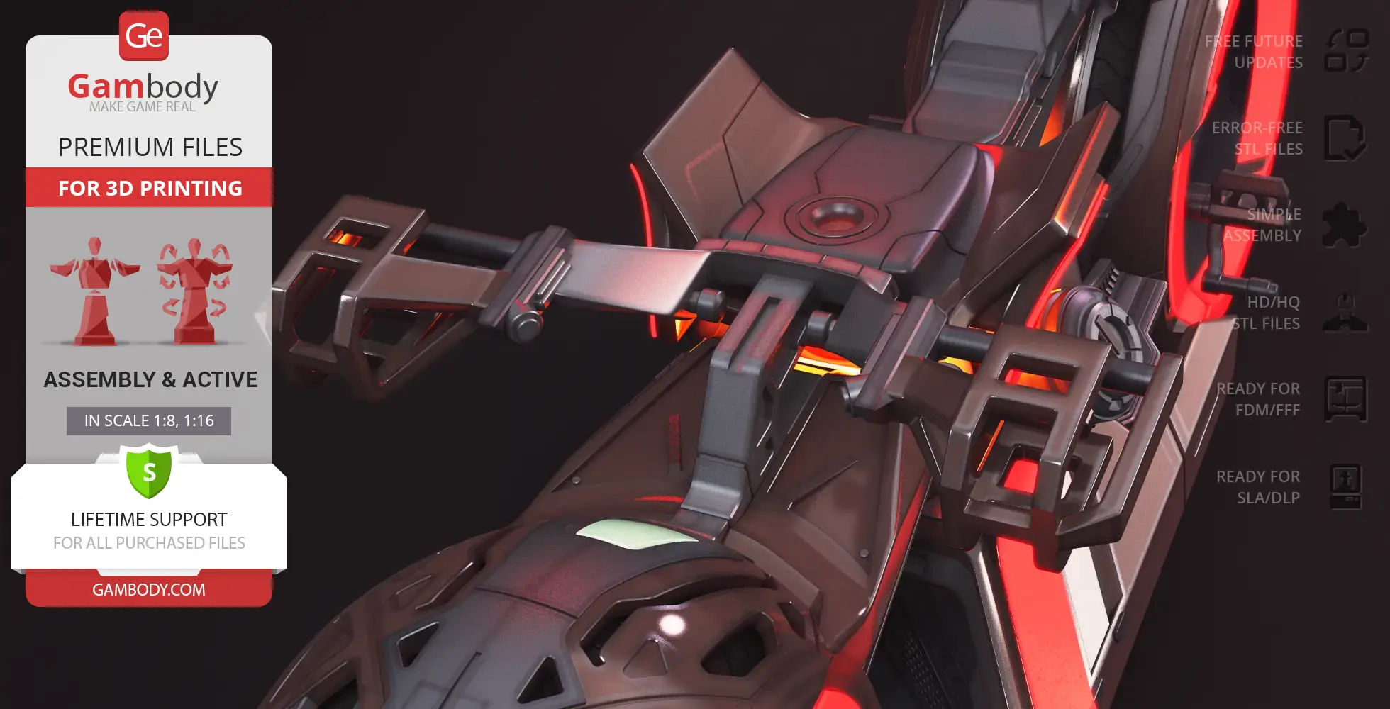 Futuristic TRON light cycle 3D model for printing, featuring sleek design and bright accents.