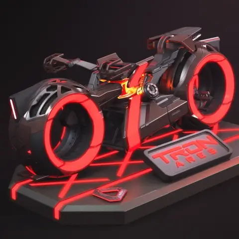 Futuristic black and red light cycle with glowing wheels and sleek design.