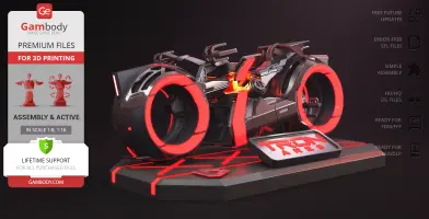 Futuristic Tron Ares Light Cycle model with glowing red accents, mounted on a display base.