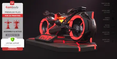 Futuristic motorcycle with glowing orange accents, based on the TRON Ares Light Cycle, on a display stand.
