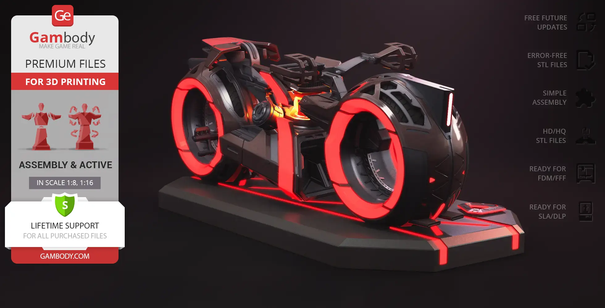 Futuristic Tron Light Cycle model with glowing red accents on a display base, ready for 3D printing.