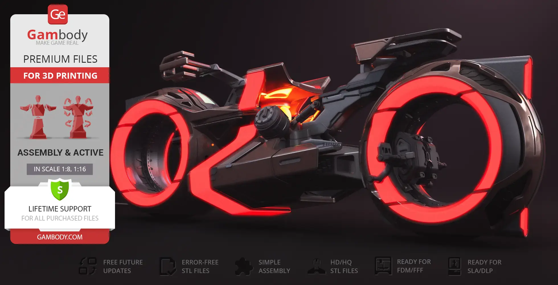 Futuristic Tron Ares Light Cycle with glowing red accents, designed for 3D printing by Gambody.