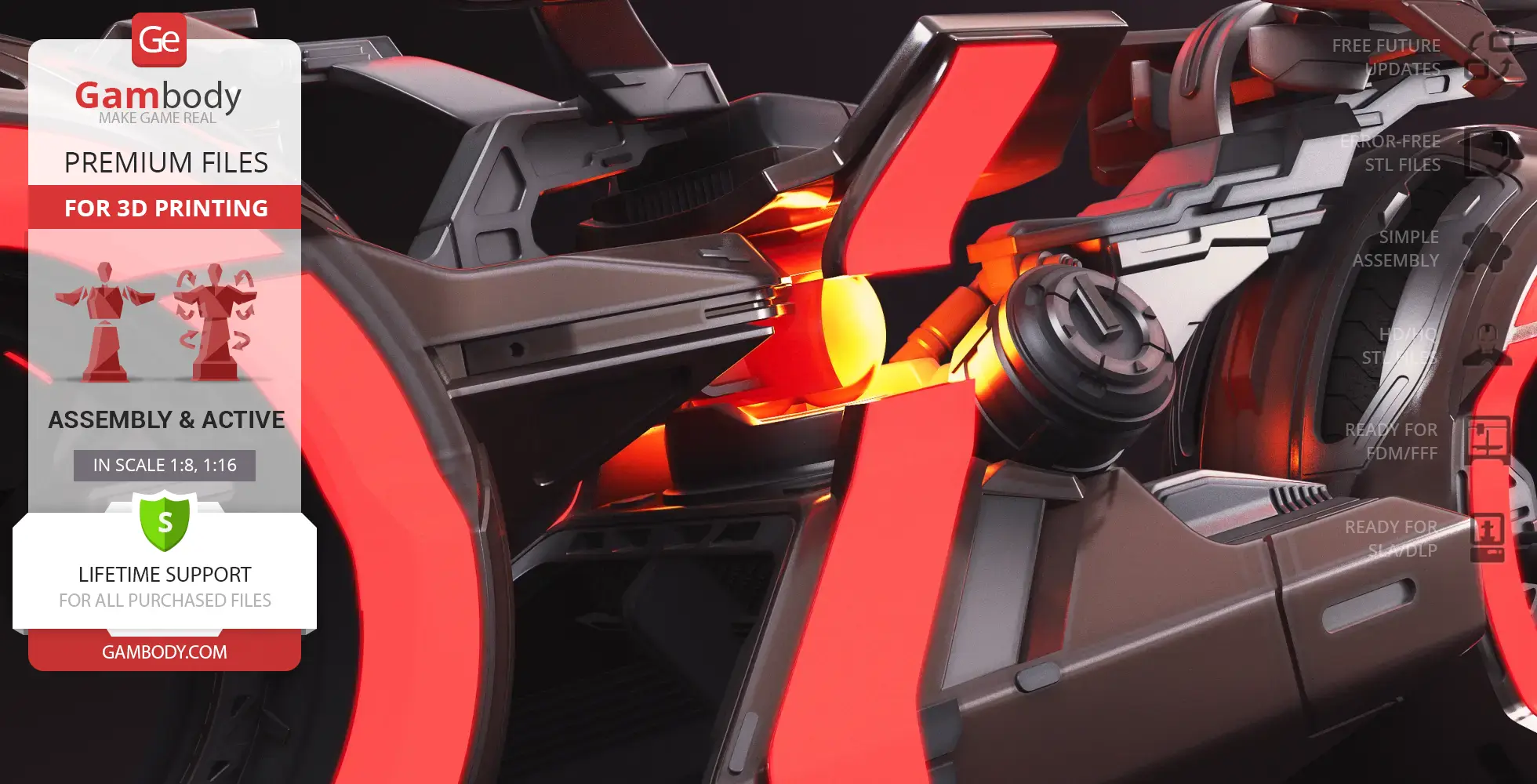 Futuristic TRON Ares Light Cycle with glowing red accents, designed for 3D printing.