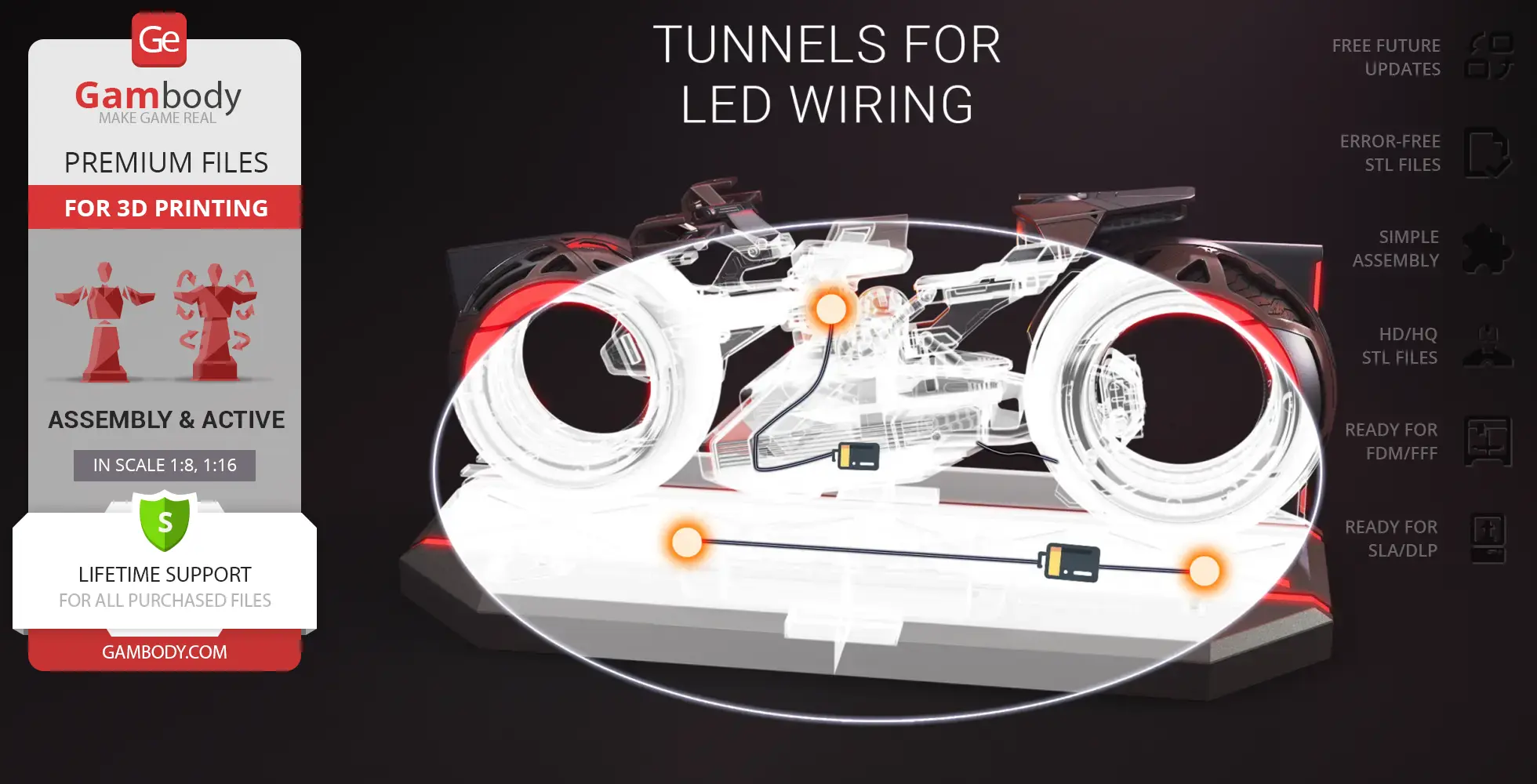 Transparent Tron light cycle model with LED wiring tunnels on display, shown for 3D printing assembly.