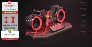 Futuristic TRON Light Cycle model with glowing red accents on a themed base for 3D printing.