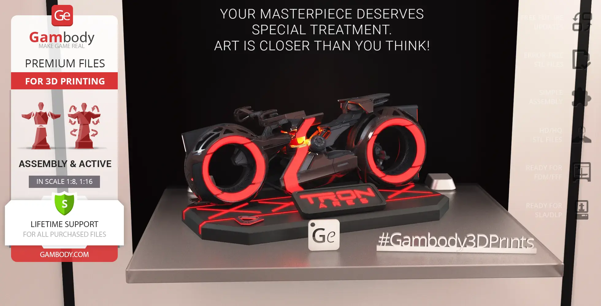 A sleek TRON Ares Light Cycle in black and red, displayed on a futuristic platform.