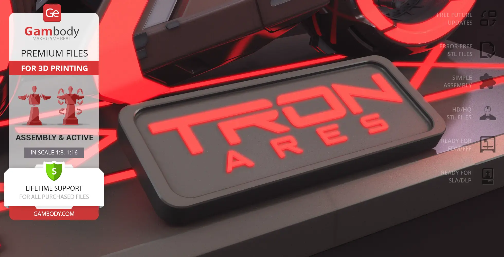 Close-up of a TRON Ares Light Cycle 3D model with glowing red accents and branding details.