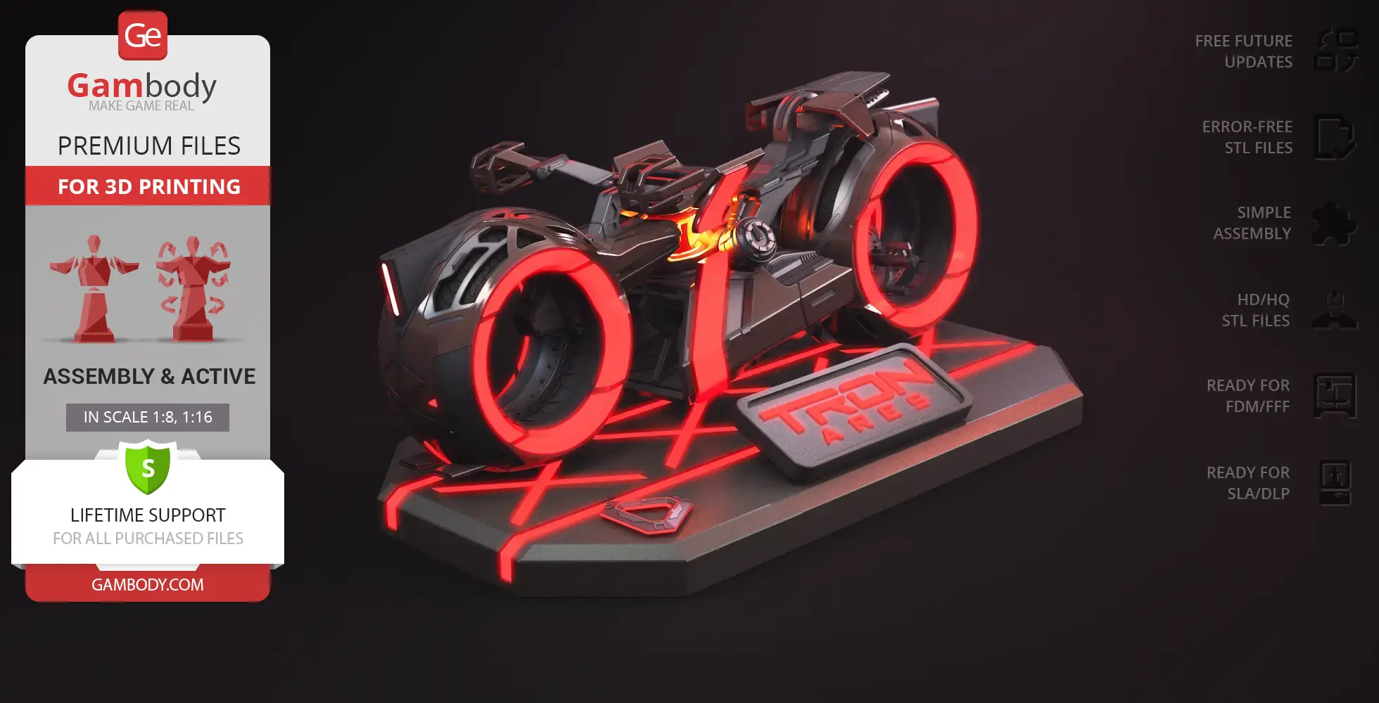 Futuristic TRON Light Cycle model with glowing red accents on a themed base for 3D printing.