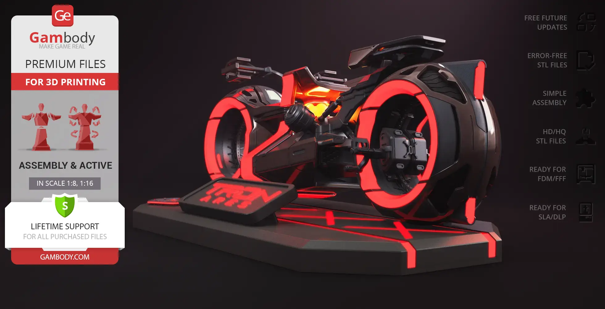Futuristic motorcycle with glowing orange accents, based on the TRON Ares Light Cycle, on a display stand.