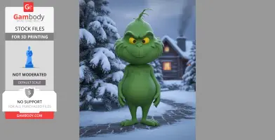 Green baby Grinch figure stands in a snowy setting with trees and a cabin in the background.