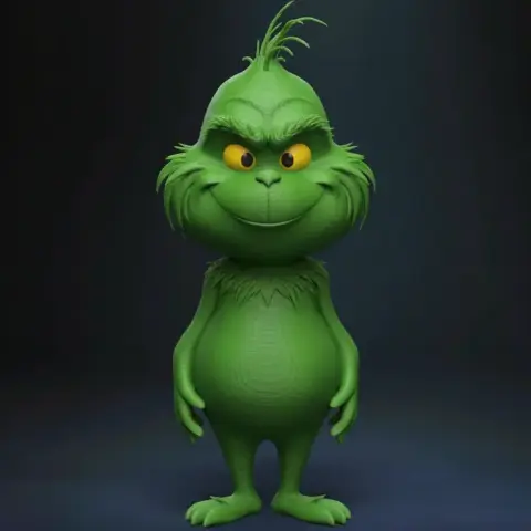 A cute, green, furry creature with yellow eyes, a small tuft of hair, and a mischievous grin, standing upright.