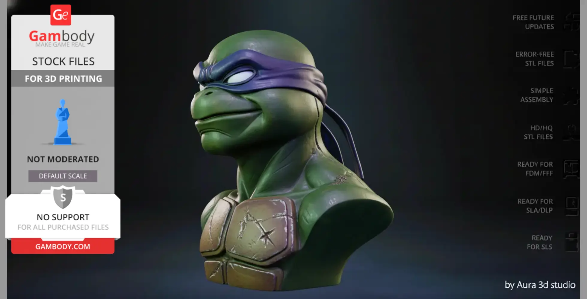 Green turtle bust with a purple headband and detailed shell.