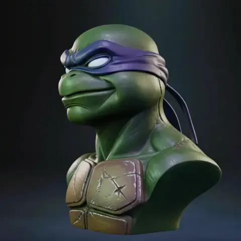 Green turtle bust with purple headband and detailed chest armor.