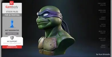 Green turtle bust with a purple headband and detailed shell.