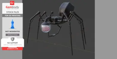 A spider-like robot with a glass dome containing a brain, designed for 3D printing.