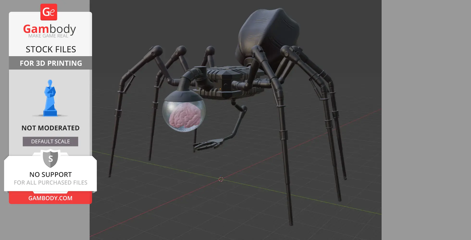 A spider-like robot with a glass dome containing a brain, designed for 3D printing.