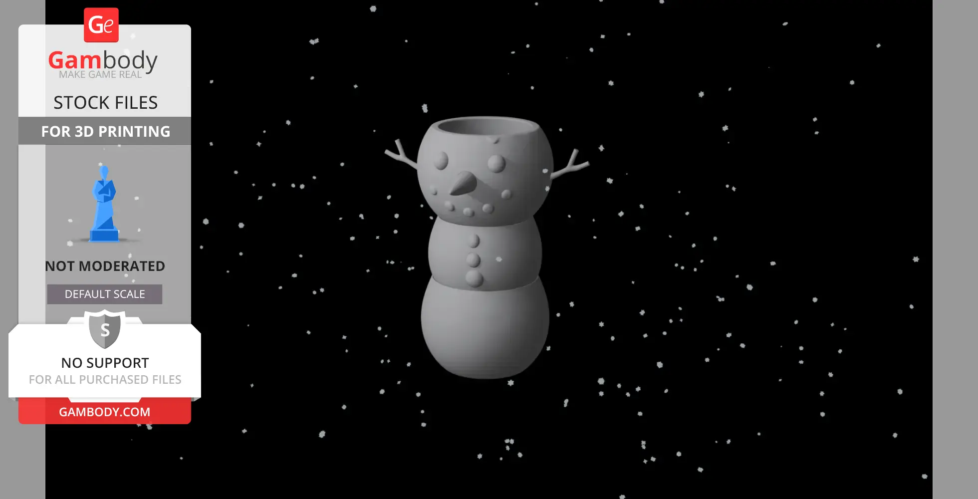 3D model of a snowman with a hollow head, twig arms, and button details, set against a starry background.