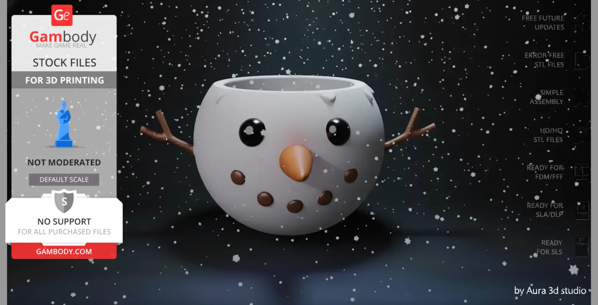 A snowman bowl with a carrot nose and stick arms, set against a snowy background.