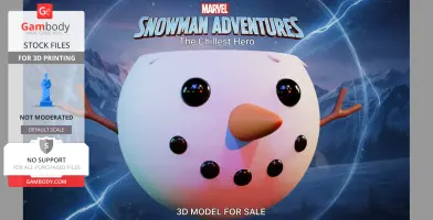 A 3D snowman head with a carrot nose and stick arms set against a mountainous backdrop.