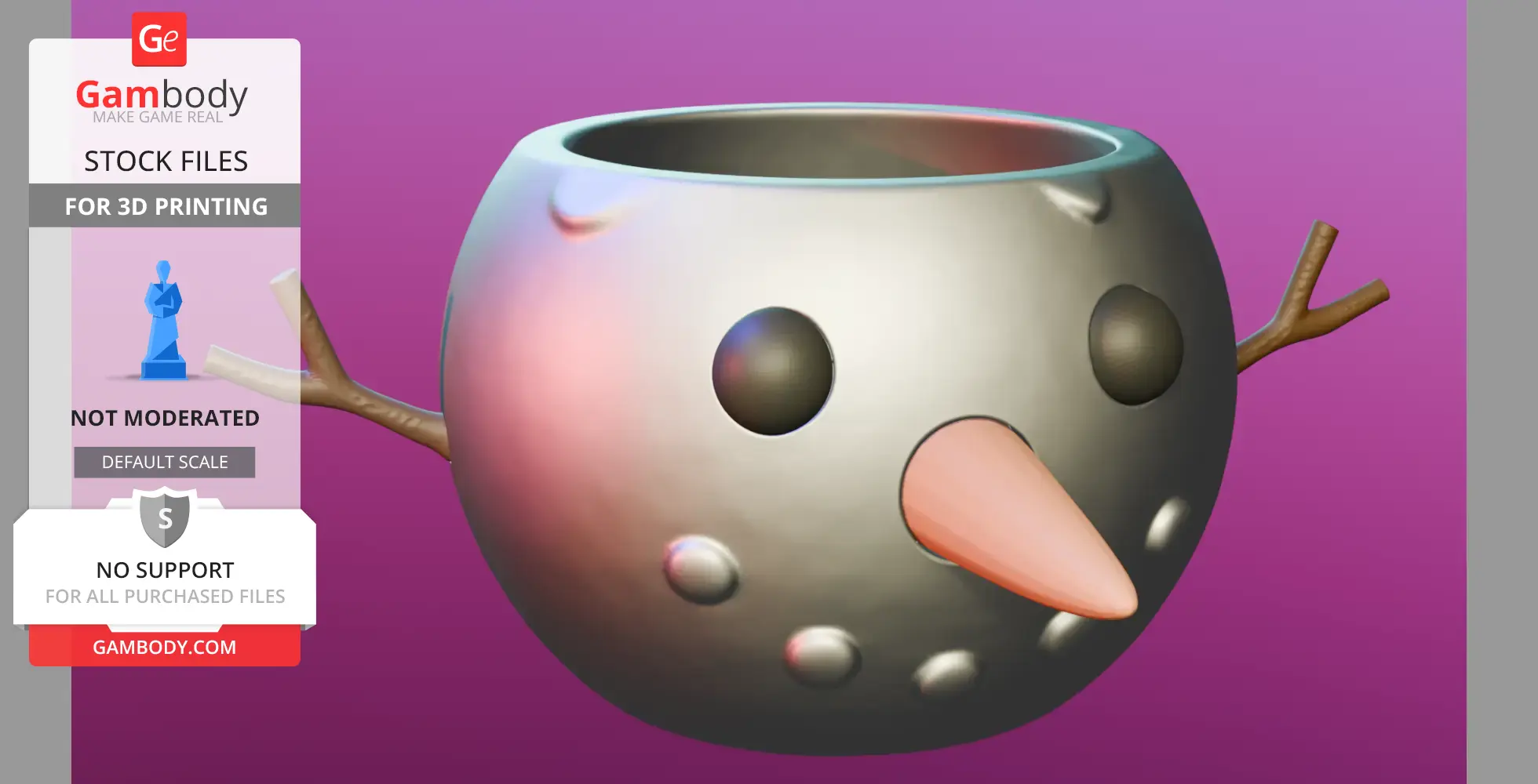 3D model of a snowman bowl with twig arms and a carrot nose, designed for 3D printing.