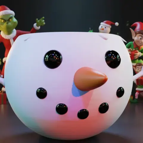 A snowman-themed bowl and keyholder with a carrot nose, surrounded by festive characters.