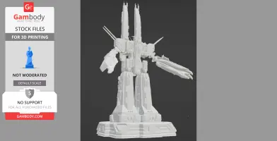 A detailed 3D model of a futuristic mech with large cannons, standing on a square base.