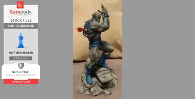 A muscular figure in blue armor poses on a rocky base, featuring spikes and dynamic posture.