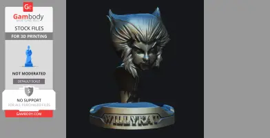 3D bust of a character with wild hair and a fierce expression, labeled 'Willykat' on the base.