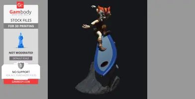 A dynamic 3D model of an action-oriented character with a red mane, balancing on a blue surfboard-like base.