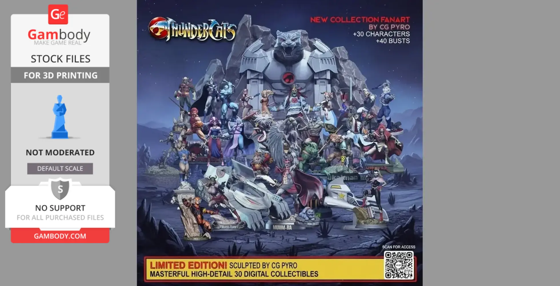 A collection of 3D-printed Thundercats characters and busts, featuring detailed figures and vehicles.