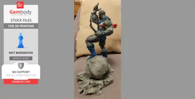 A muscular warrior figure in blue and gray armor, holding a flail, stands on a rocky base.