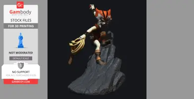 A dynamic 3D model of a character with orange hair, poised on a rock, holding a whip weapon.