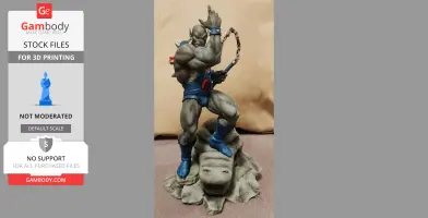 A muscular figure in armor stands heroically on a rock, holding a flail, with dynamic pose and detailed features.