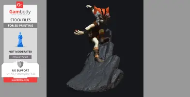A dynamic figure with orange hair, poised on a rock, ready to throw, part of a 3D model collection.