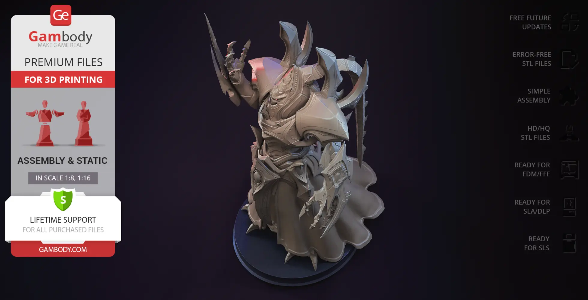 A 3D model of an armored, menacing figure with elaborate spikes and decorations on a round base.