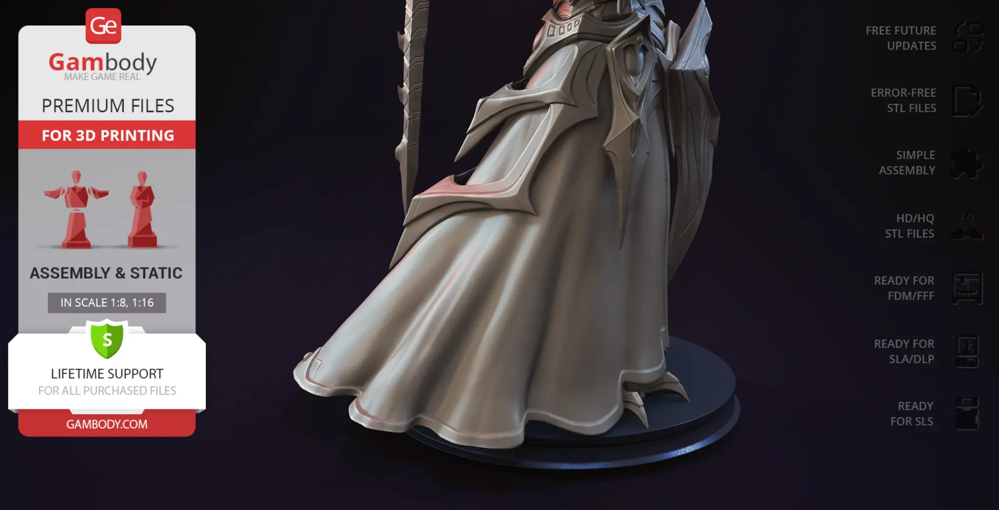 3D model of Alarak from StarCraft, featuring intricate armor and cloak details, displayed on a stand.